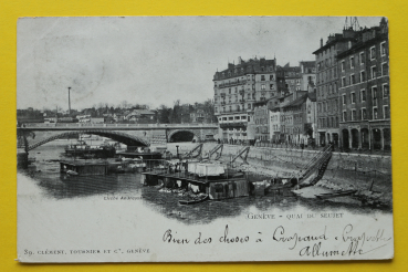 Postcard PC Geneva / City View / 1901 / Laundry on the River – Buildings – Street – Bridge